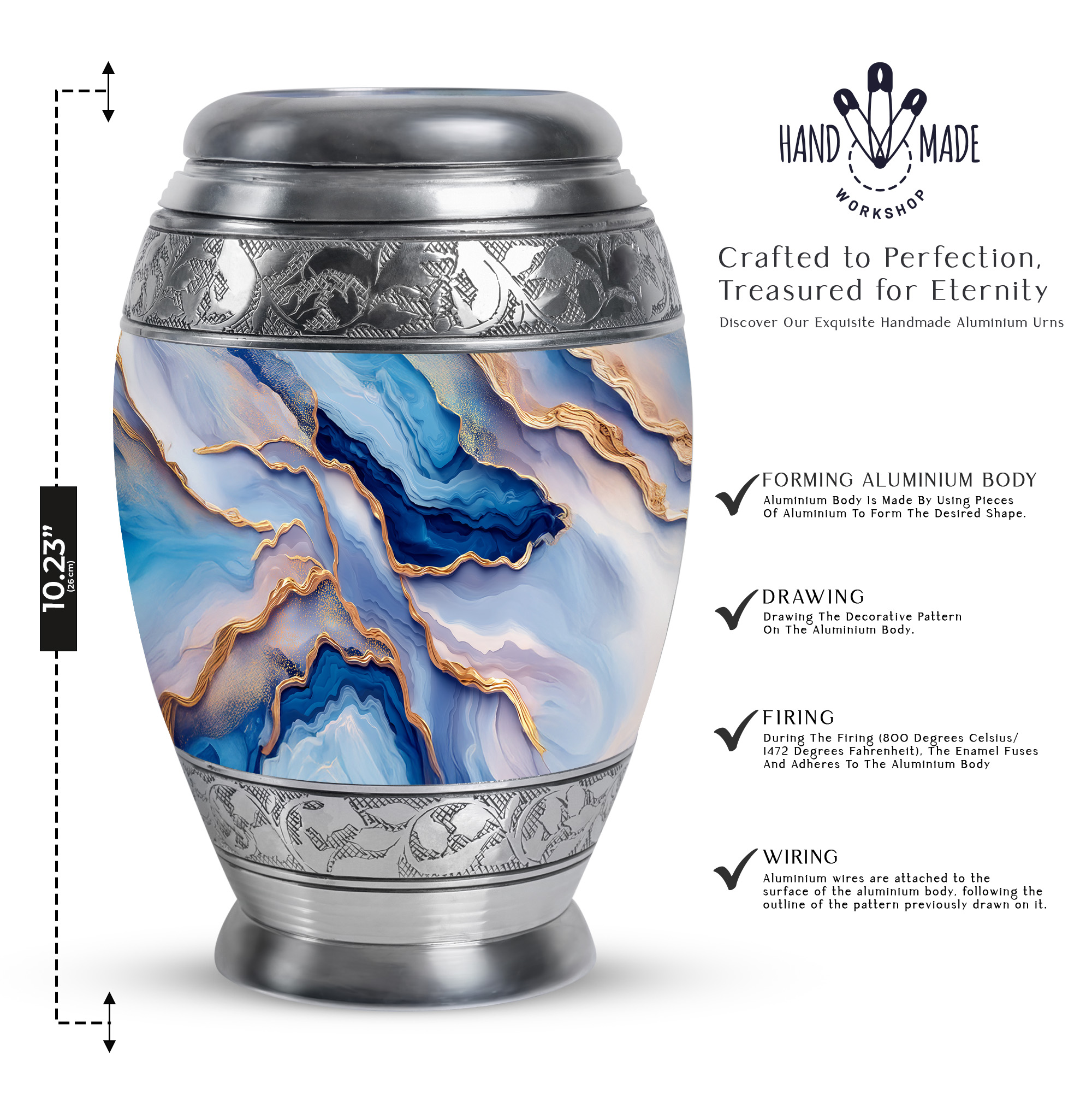 SABURIAL Blue Cremation Urns for Adult Ashes Male - Decorative Urns for Mom & Dad Ash - Cremation Urn for Human Remains - Handcraft Urn for Adult Female - Large Size 10 Inch with Velvet Bag