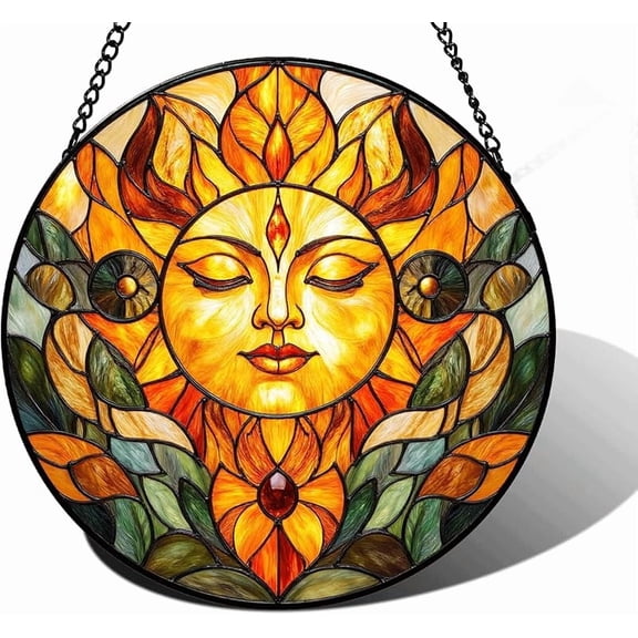 Sun Face Stained Glass Window Hanging, Stain Glass Suncatcher with Warm Colors and Leaves, Boho Hanging Glass Art for Window Wall Decor (7.9IN)