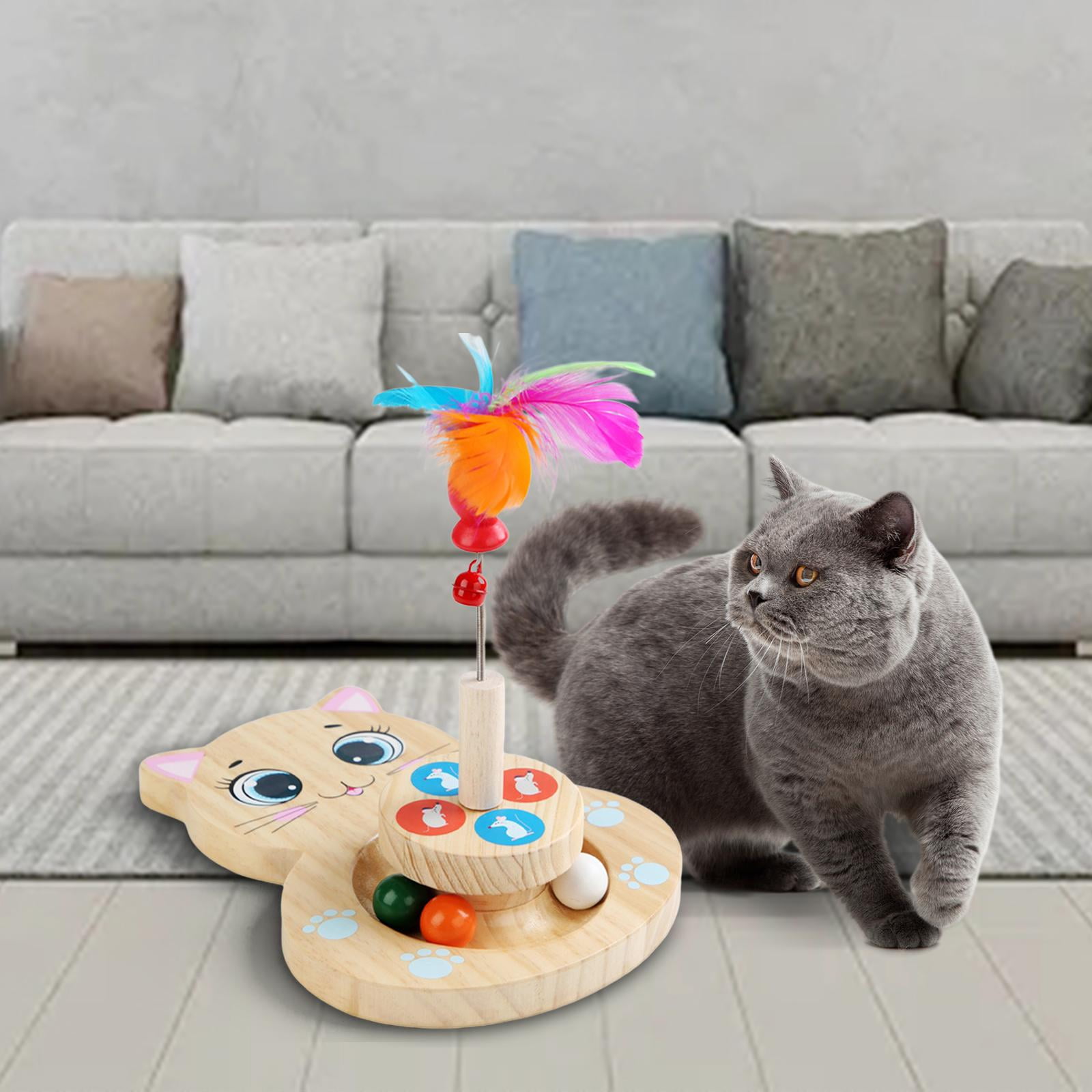 Wooden Cat Toy, Cat Turntable with Balls, Cat Toy Feather Stick, Feather Teaser, Interactive Training Toy , Cat Shaped