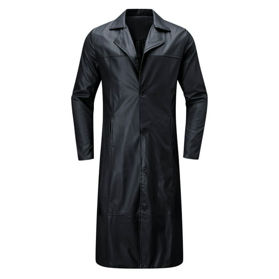 QHFBli Mens Long Trench Coat Autumn Winter Men's Fashionable Long PU Leather Anorak Coat Jacket Outerwear For Black XXXXXL