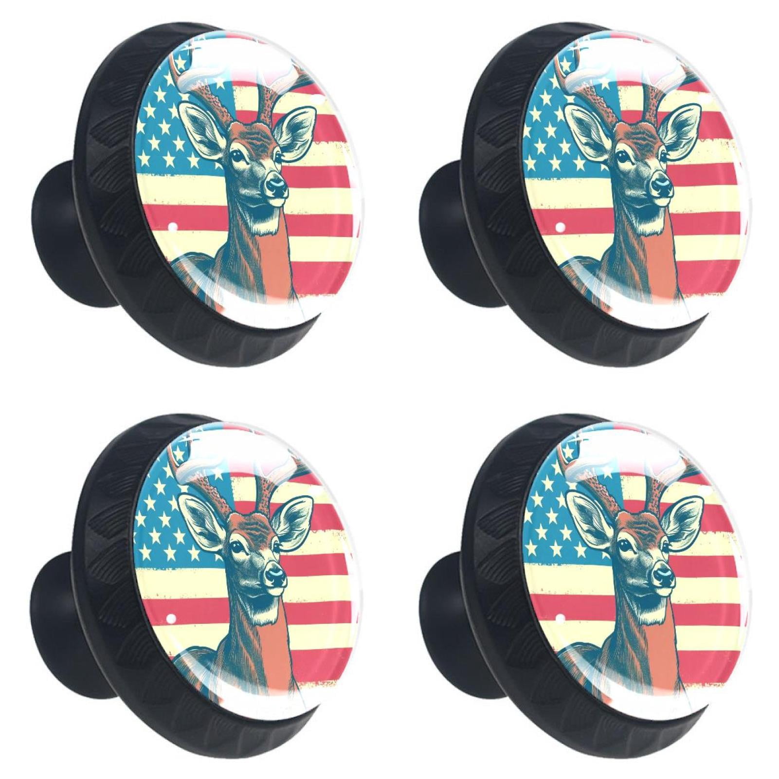 4 Pcs Deer and American Flag Knobs for Kitchen Cabinet Cupboard Dresser Bookcase Drawer Pulls Handles Round Home Decor