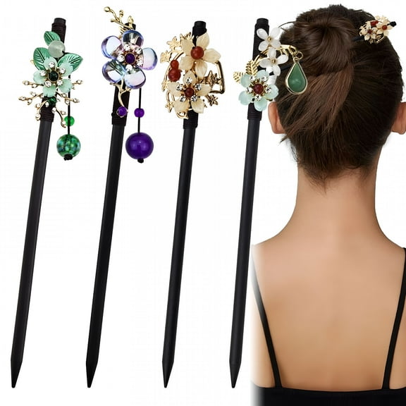 VANIDO 4 PACK Chinese Wooden Hair Stick, Hairpin with 4 Different Flower Styles, Retro Wooden Hair Accessories for Women Girls