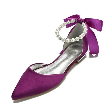 

Comfort Flat Satin Women Shoes Pointed Toe Ankle Strap Pearls Ribbon Formal Prom Evening Wedding Party Dress Flats