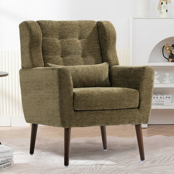 HSUNNS Accent Chair, Chenille Armchair with Pillow and Solid Wood Legs, Ergonomic Design Upholstered Reading Armchair for Bedroom and Reception Room, Comfy Soft Padded Lounge Chair, Olive Green
