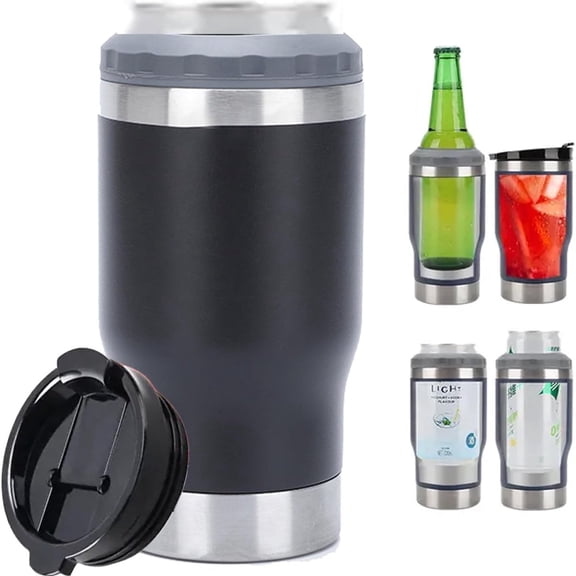 4 in 1 Travel Mug and Can Insulator for 14oz Can and Beer Bottle Stainless steel Vacuum Insulated Cup and Thermocooler (Black)