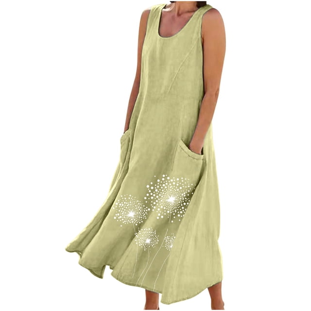 Staron Robes Décontractées Vertes pour Femmes en Liquidation à Moins de 10 $ Robe d'Été Sans Manches Robe Unie à Col Rond Coton Lin Longue Grande Taille Plage Fluide Robes d'Été avec Poches G