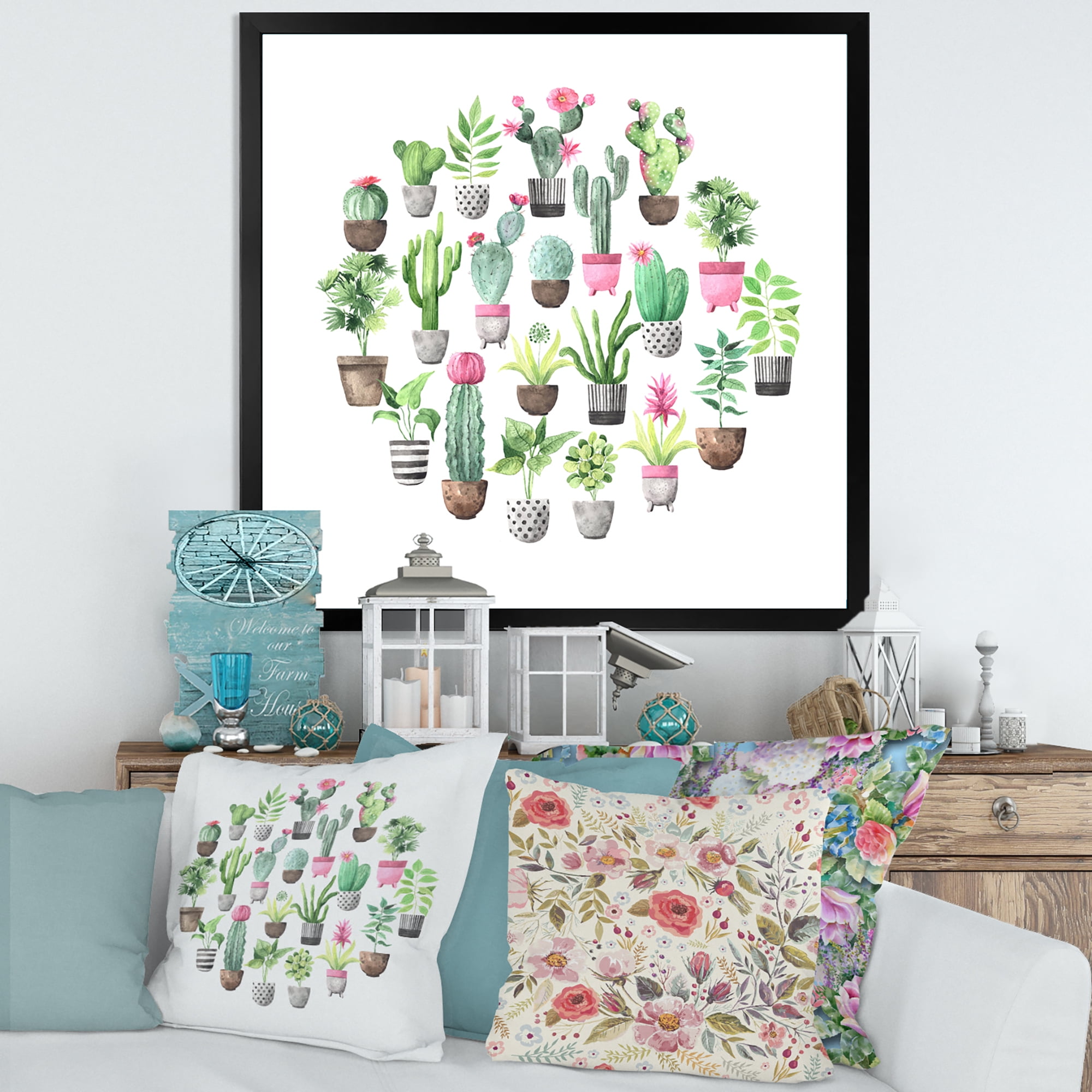 Designart 'Cactus In Ceramic Pots In Gentle Tones II' Traditional Framed Art Print