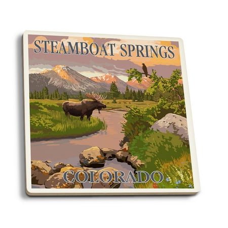 

Steamboat Springs Colorado Moose and Mountain Stream at Sunset (Absorbent Ceramic Coasters Set of 4 Matching Images Cork Back Kitchen Table Decor)