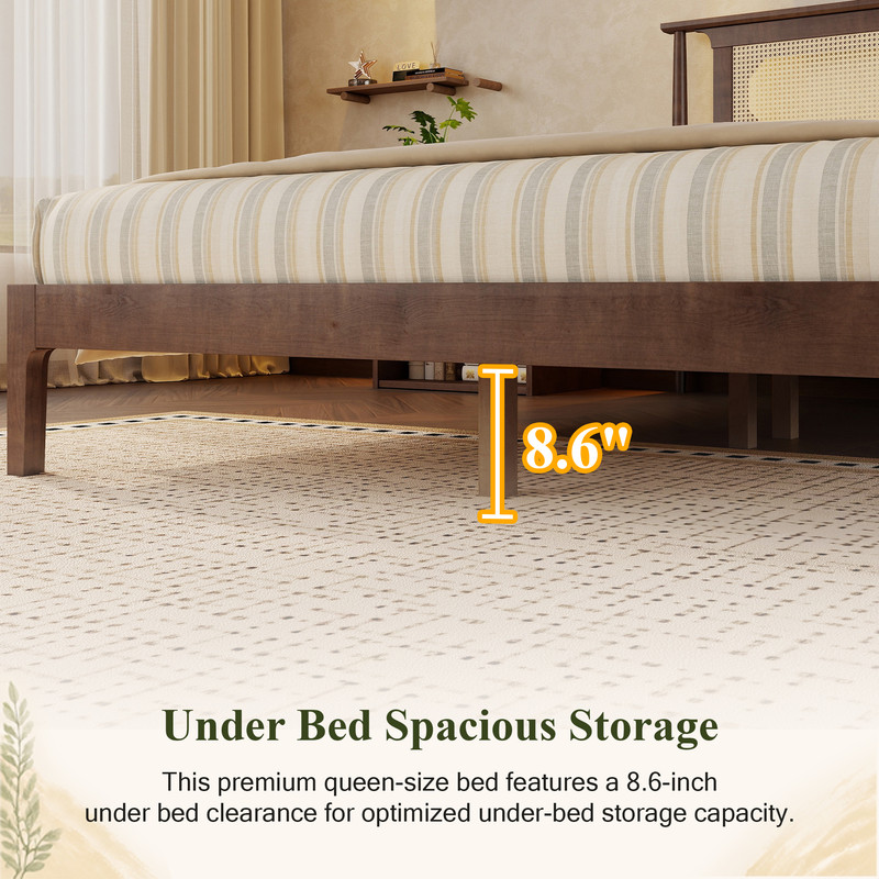 Queen Size Wooden Platform Bed with Rattan Headboard, Low-Profile Bed Frame with 8.6'' Under-Bed Storage