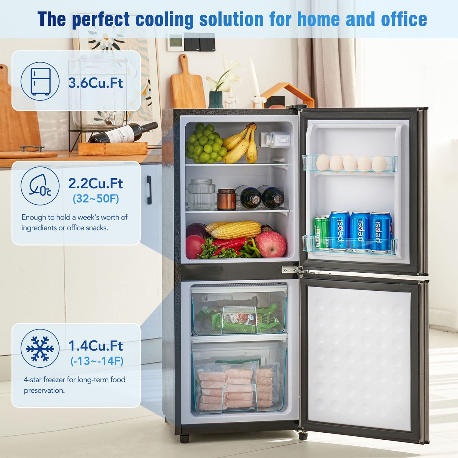 Spaco 3.6Cu.Ft Dual Zone Refrigerator, 2.2+1.4Cu.Ft 4 Star Freezer, 7 Temperature Settings, 45 dB, 166kWh/Year, Brushed Gray Silver Spaco 3.6Cu.Ft Dual Zone Refrigerator, 2.2+1.4Cu.Ft 4 Star Freezer, 7 Temperature Settings, 45 dB, 166kWh/Year, Brushed Gray Silver