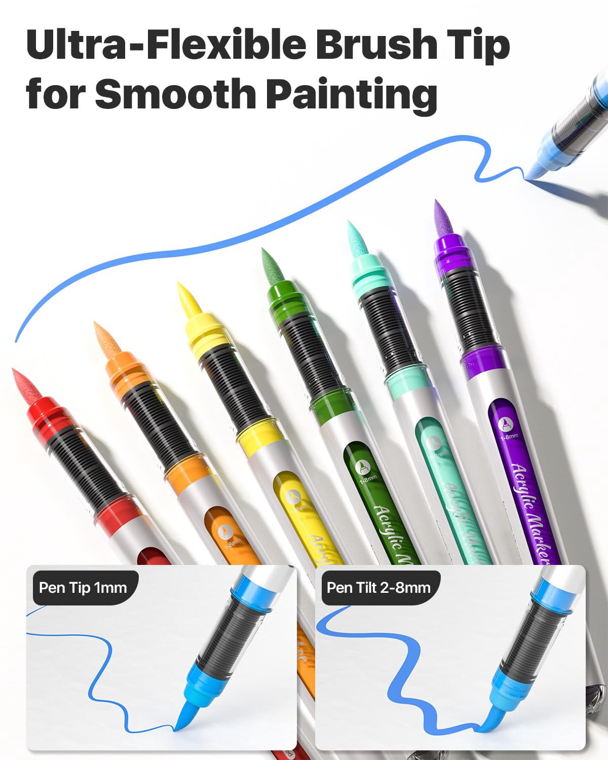 JusArt 48 Colors Acrylic Paint Markers with Canvas Bag, Water-Based No-Bleed Paint Pens with Automatic Ink Control, Waterproof Brush Tip Markers for Crafts -Fabric, Rock, Wood, Glass, Eggs-Easter