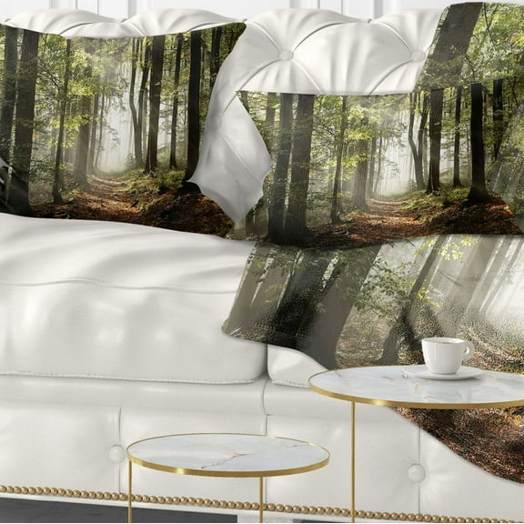Designart Green Fall Forest with Sun Rays - Landscape Photography Throw Pillow - 12x20