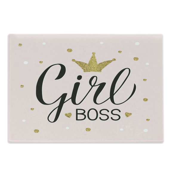 Girl Boss Cutting Board, Dots Crown and Calligraphy Feminist Slogan Graphic, Decorative Tempered Glass Cutting and Serving Board, in 3 Sizes, by Ambesonne