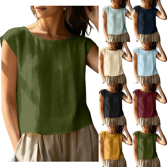 Aezemi Women Sleeveless Linen Cotton Tanks, Round Neck Lightweight Tank Shirt, Summer Fashion Comfy Tank Tops