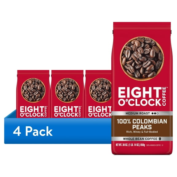 (4 pack) Eight O'Clock Coffee Medium Roast Whole Bean 100% Colombian Peaks Coffee 30 oz