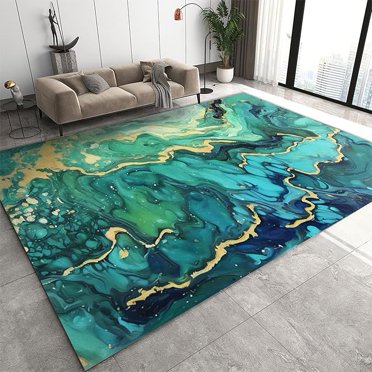 Abstract Colorful Fluid Texture Area Rug, Gradient Blue-Green Marble Washable Rectangle Rug, Soft Non-Slip Carpet For Living Room Bedroom Office Entryway 3 x 5ft