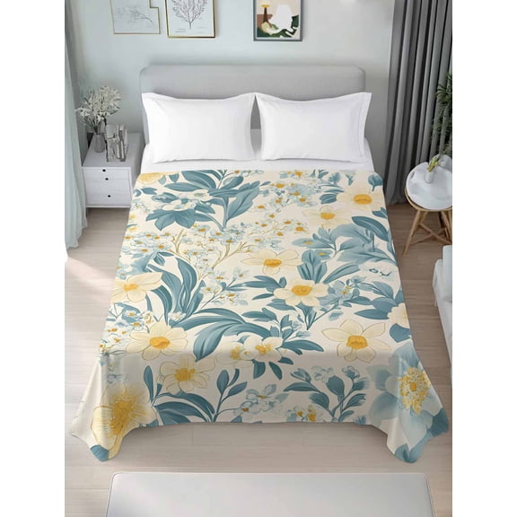 Spring Meadow Blooms King Size Flat Sheet, Wrinkleproof & Fadeproof Cooling Flat Bed Sheet Only, Teal Yellow Botanical Breathable Soft Bedding Top Sheets 105 x 98 Inches