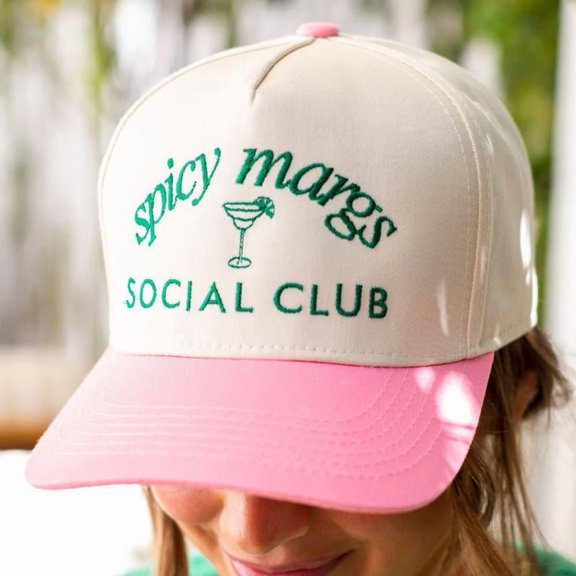Spicy Margs Social Club Hat, Fun Two-Tone Trucker Cap with Margarita Glass Embroidery, Perfect for Summer Parties, Beach Days, and Girls’ Trips, Adjustable Snapback for a Comfortable Fit