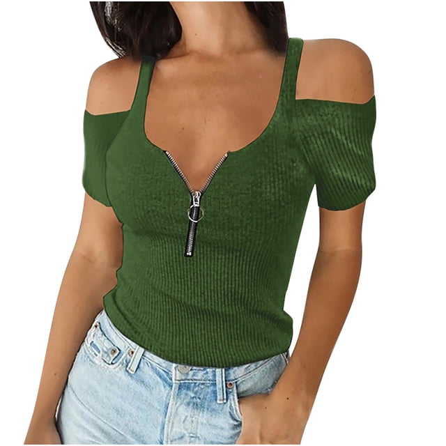 Pompotops Mode Femme Décontracté Ample Col en V Fermeture Éclair Sexy T-Shirt Blouse