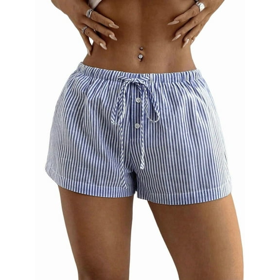 Women'S Striped Print Drawstring Waist Shorts Wide Leg Summer Beach Mini Shorts Blue  L