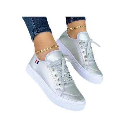 

SIMANLAN Womens Lightweight Skate Shoes Breathable Lace Up White Sneaker Work Comfort Low Top Walking Shoe Silver 8
