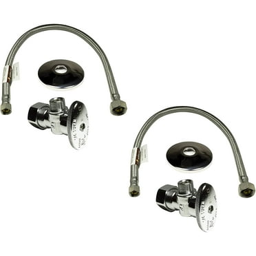 Complete Set 1/2 in. NOM Inlet x 3/8 in. OD Compression Outlet Angle Shut Off Valve   Escutcheon Plate   20" Long Stainless Steel Braided Faucet Water Supply Line (2 Pack)