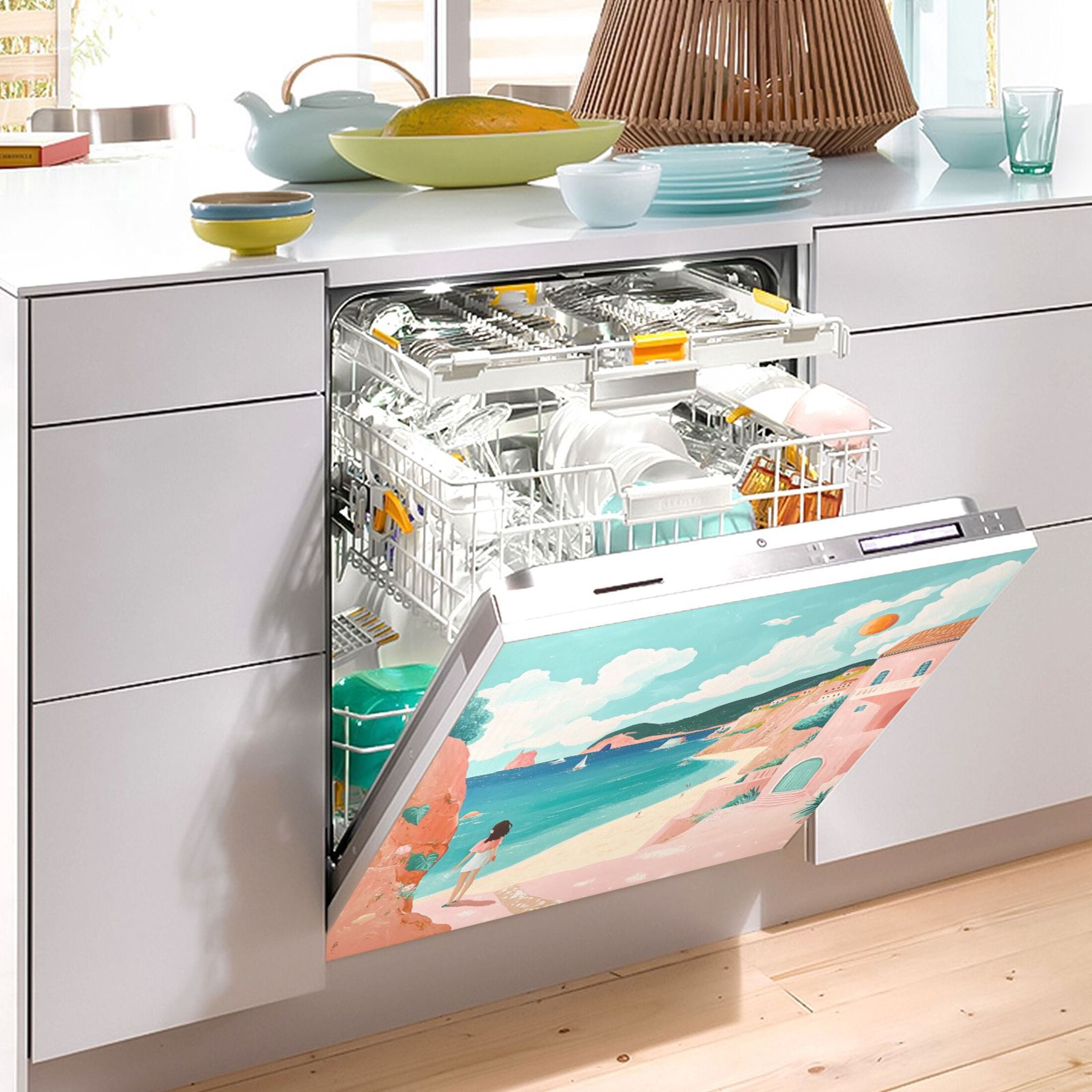 Dishwasher Magnetic Sticker 23x26 Inch Refrigerator Magnetic Sticker Washing Machine Magnetic Sticker Kitchen Panel Magnetic Sticker Home Decor Beautiful Cartoon Seaside