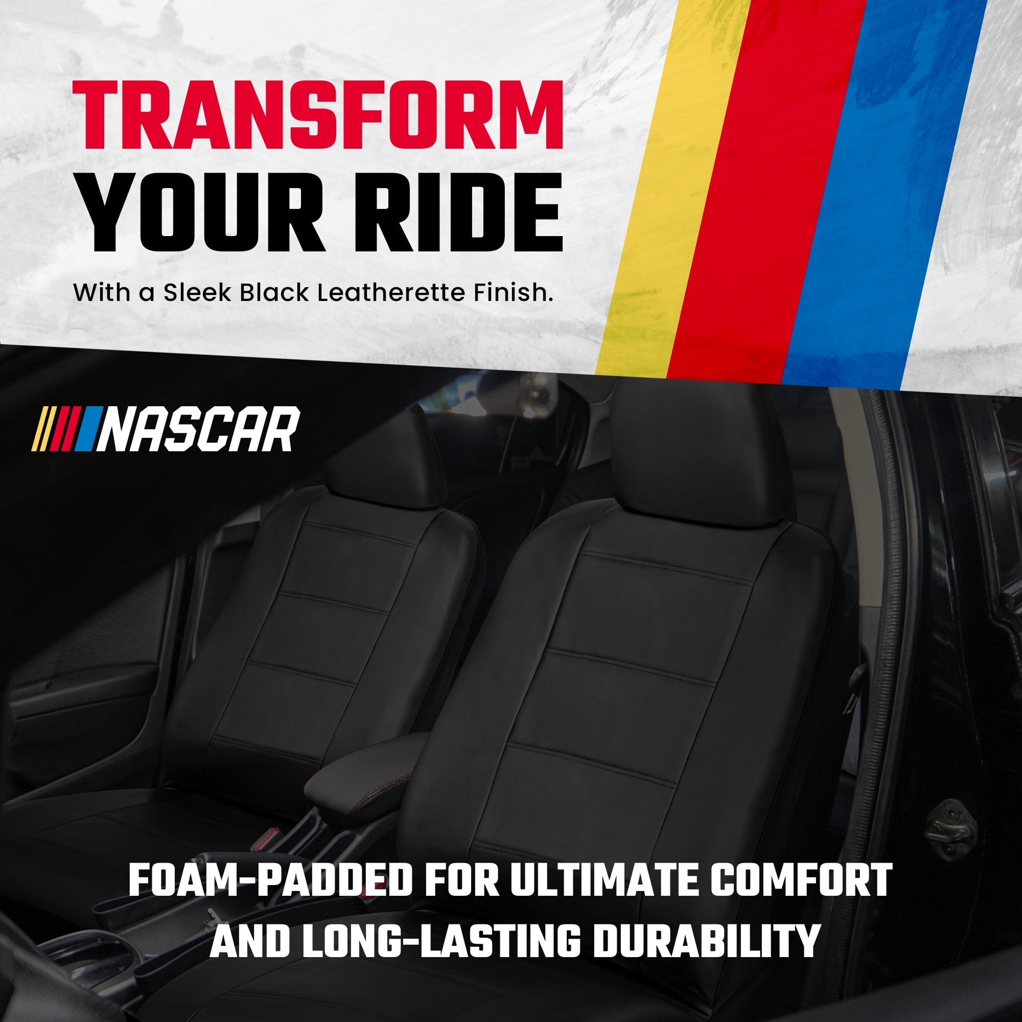 NASCAR Car Seat Cover Set | Durable, Foam-Padded, Form-Fitting Design for Cars, SUVs, & Trucks | 11-Piece Front and Back Automotive Seat Covers | Quick Installation | Interior Covers |Black