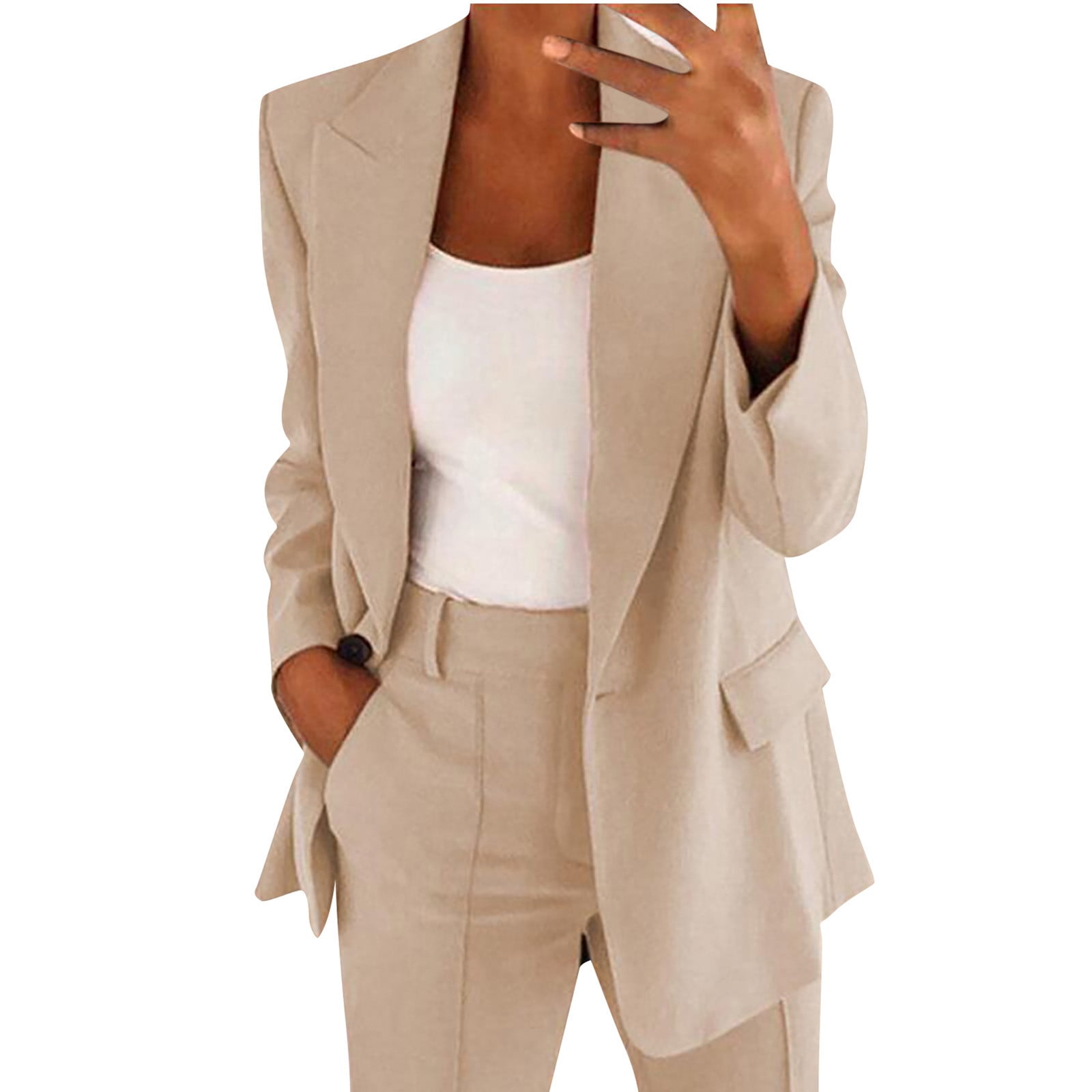QATAINLAV Women's Blazers Business Casual Jackets Long Sleeve Open Front Cardigan Work Suit 2025 Trendy Blazer with Fake Pockets, Beige, M