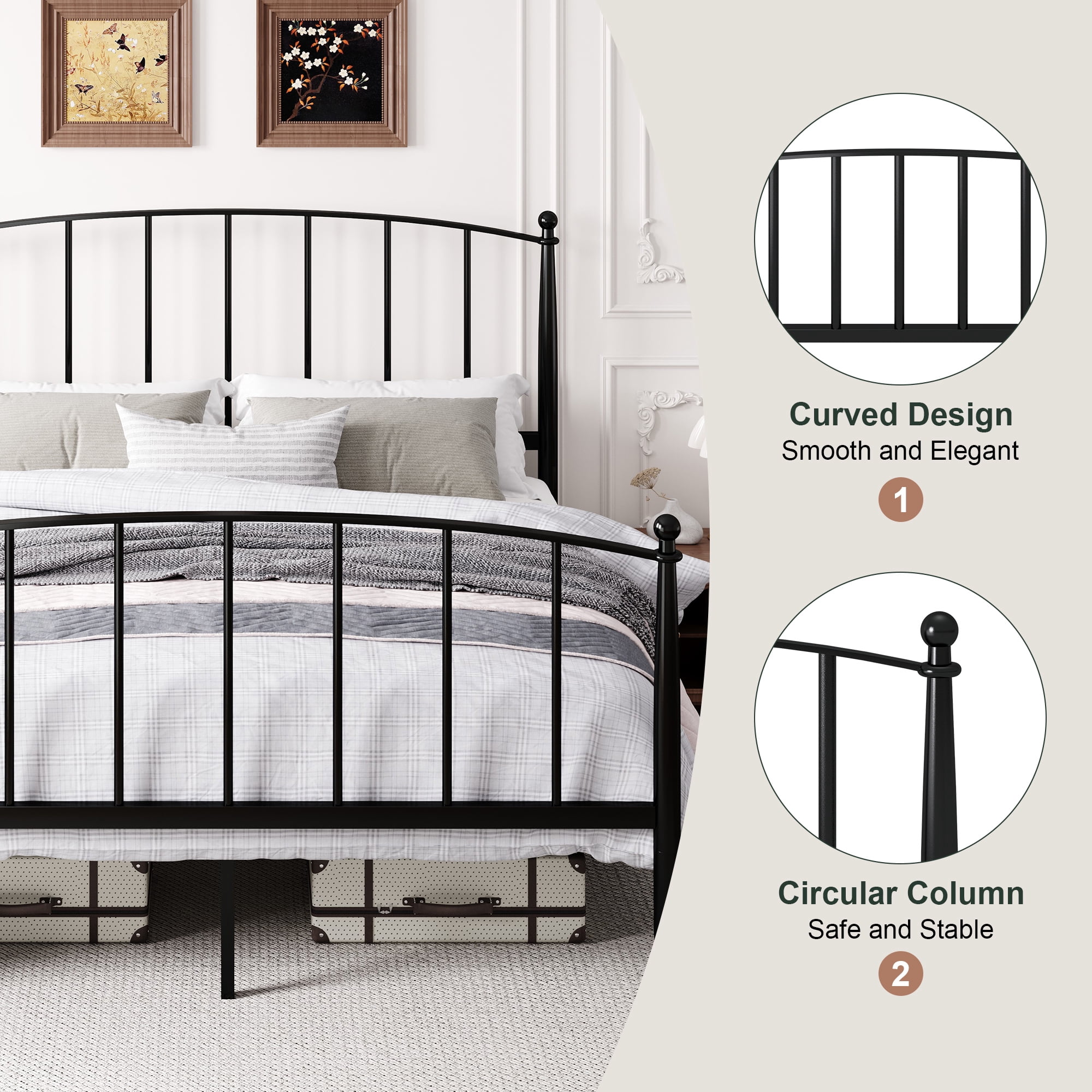 Amolife Queen Bed Frame, Metal Platform Bed with Curved Headboard and Footboard, Ample Under-Bed Storage Space, No Box Spring Needed, Black