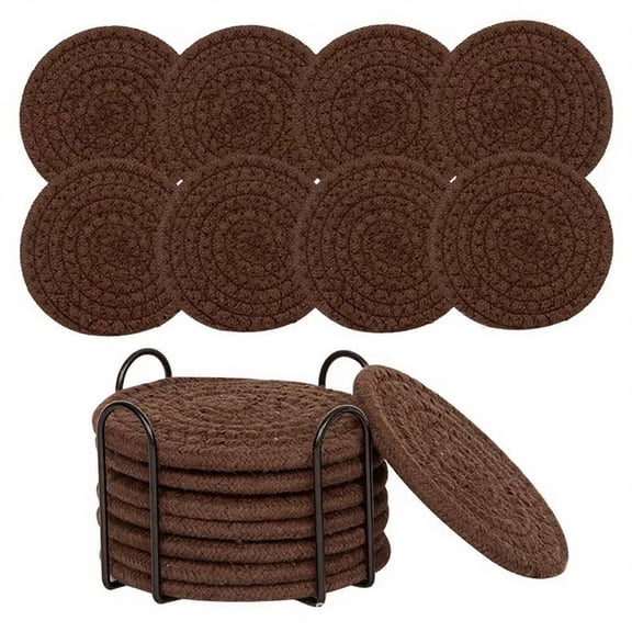 8 Pcs Drink Coasters with Holder, Handwoven Cotton Coasters Set Stackable Absorbent Minimalist Home Decor for Table, Cup, Mug (Dark Brown)