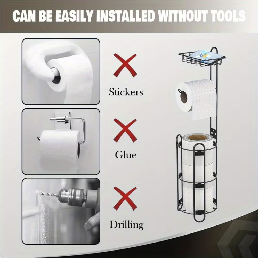 Bxaolu Toilet Paper Holder Free Standing – Rustproof Metal Toilet Paper Stand for 4 Rolls with Shelf for Phone & Small Items, Bathroom Organizers and Storage, Black