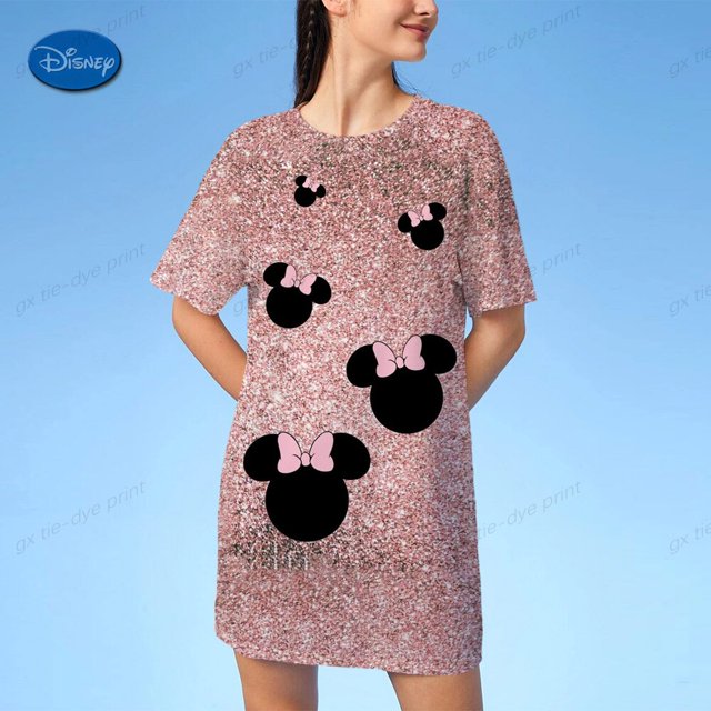 New Hot Ladies Fashion Casual Loose Midi Dress Ladies Casual Knee length Skirt Cute Disney Mickey Mouse 3D Print T Shirt DressXL Gao Jinjia LED