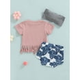 thumbnail image 5 of Bagilaanoe 3pcs Baby Girl Shorts Set Letter Short Sleeves Fringe T-Shirt Top + Bull Head Triangle Shorts + Hairband 0-24 Months Infant Summer Clothes, 5 of 9