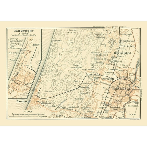 Historic Map - Zandvoort Haarlem Netherlands - Baedeker 1910 - Vintage Wall Art