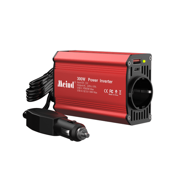 Meind Inversor de Energía para Auto de 300W DC 12V a AC 220V con Puertos PD65W Type-C QC3.0&USB Adaptador de Enchufe para Auto Convertidor de Tomacorriente
