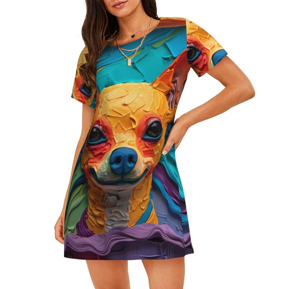 Fotbe Colorful Textured Chihuahua Pattern Women's Cotton Nightgown Sleepwear Short Sleeves Shirt Casual Print Sleepdress