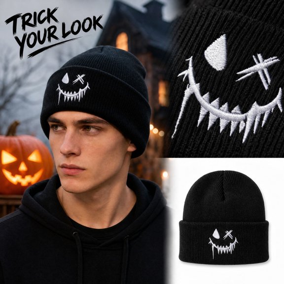 IYYVV Unisex Halloween Beanie Hat Pumpkin Ghost Skull Knit Cap | Funny Prints, Knit for Fall Winter Black