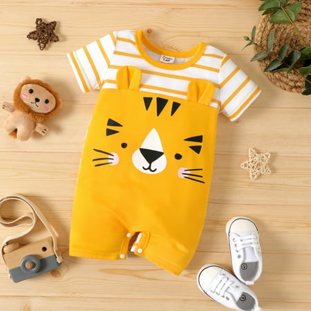 

PatPat Baby Boys Animal Printed Romper Short Sleeve Cute Jumpsuit with Snap Spliced Summer Outfit