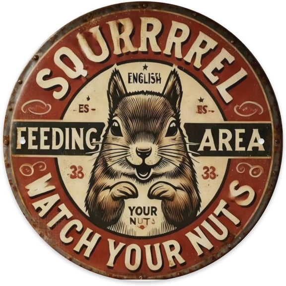 Funny Squirrel Feeding Area Metal Wall Sign, Watch Your Nuts Round Vintage Tin Sign for Home or Outdoor Garage Decor, 8 x 8 Inch