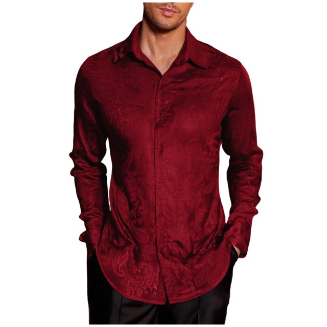 Seeotter Men's Silk Satin Dress Shirts Jacquard Long Sleeve Floral Button Up Shirts Party Prom Wedding Shirt
