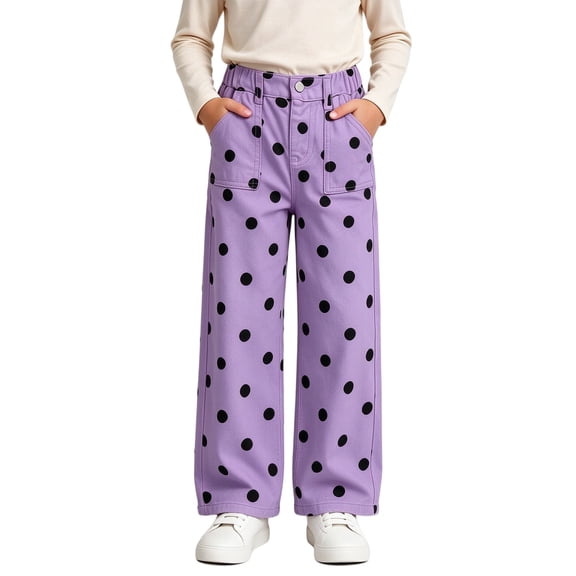 TKKCS Girls Polka Dot Wide Leg Pant Loose Fit Daily Wear Elastic Waist Button Closure Casual Trouser With Front Pockets Purple 9-10Y