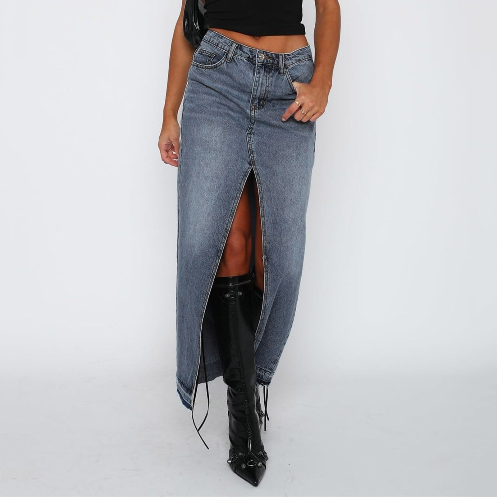 【WOOHWA】SHIRRING SLIT LONG SK TAIAOJING Women's Casual High Waist Denim Skirt Ladies