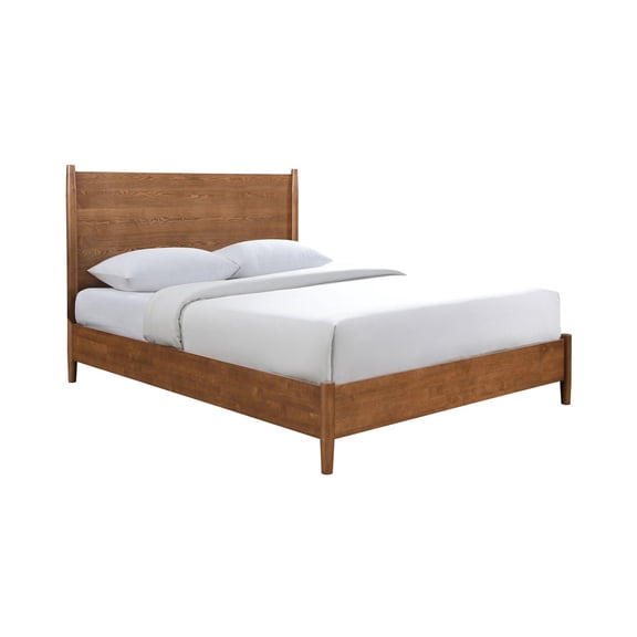 Miekor Furniture Walnut Color Panel Headboard Eastern King Size Bed Solid wood 1pc Bedframe Mattress Ready Mid-Century Modern Style MK0919