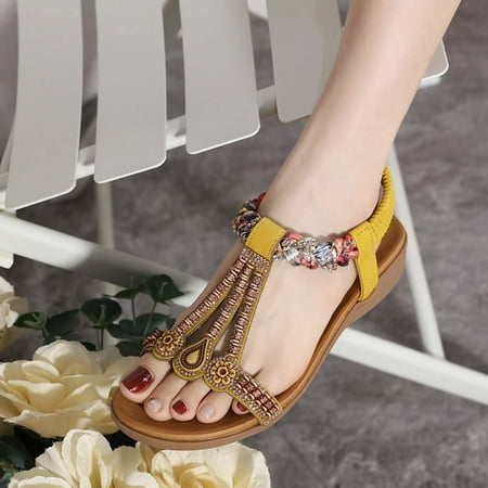 

LWVITH Women s Diamond Sandals Round Open Toe Cork Slingback Heeled Sandals Buckle Ankle Strap Dressy Comfortable Summer Shoes Sparkling Bohemian Beach Wedding Shoes（Yellow， 8.5）