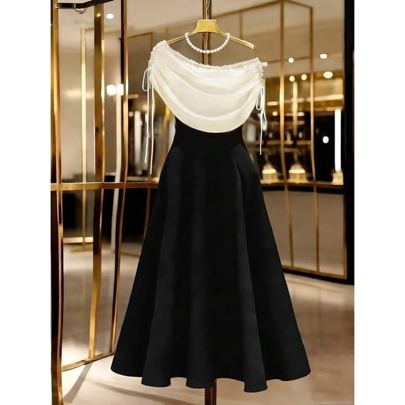 Womens Black And White Colorblock Asymmetric Neckline Elegant A-Line Dress