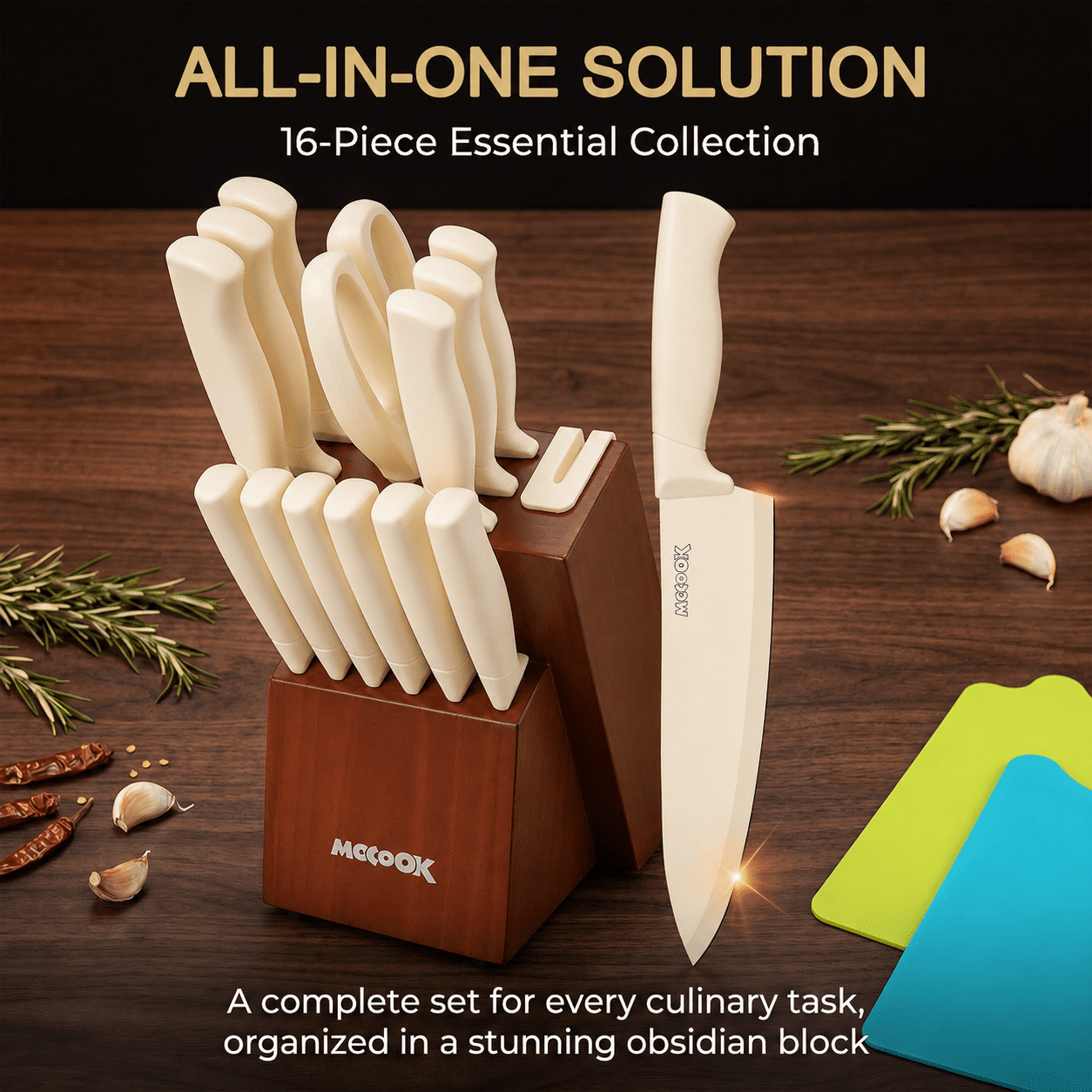 MoCook Kitchen Knife Set, 16 Pcs Knives Block Set with Built-in Sharpener, Healthy Anti-Rust Coating & German Stainless Steel Knife Set, Dishwasher Safe Beige