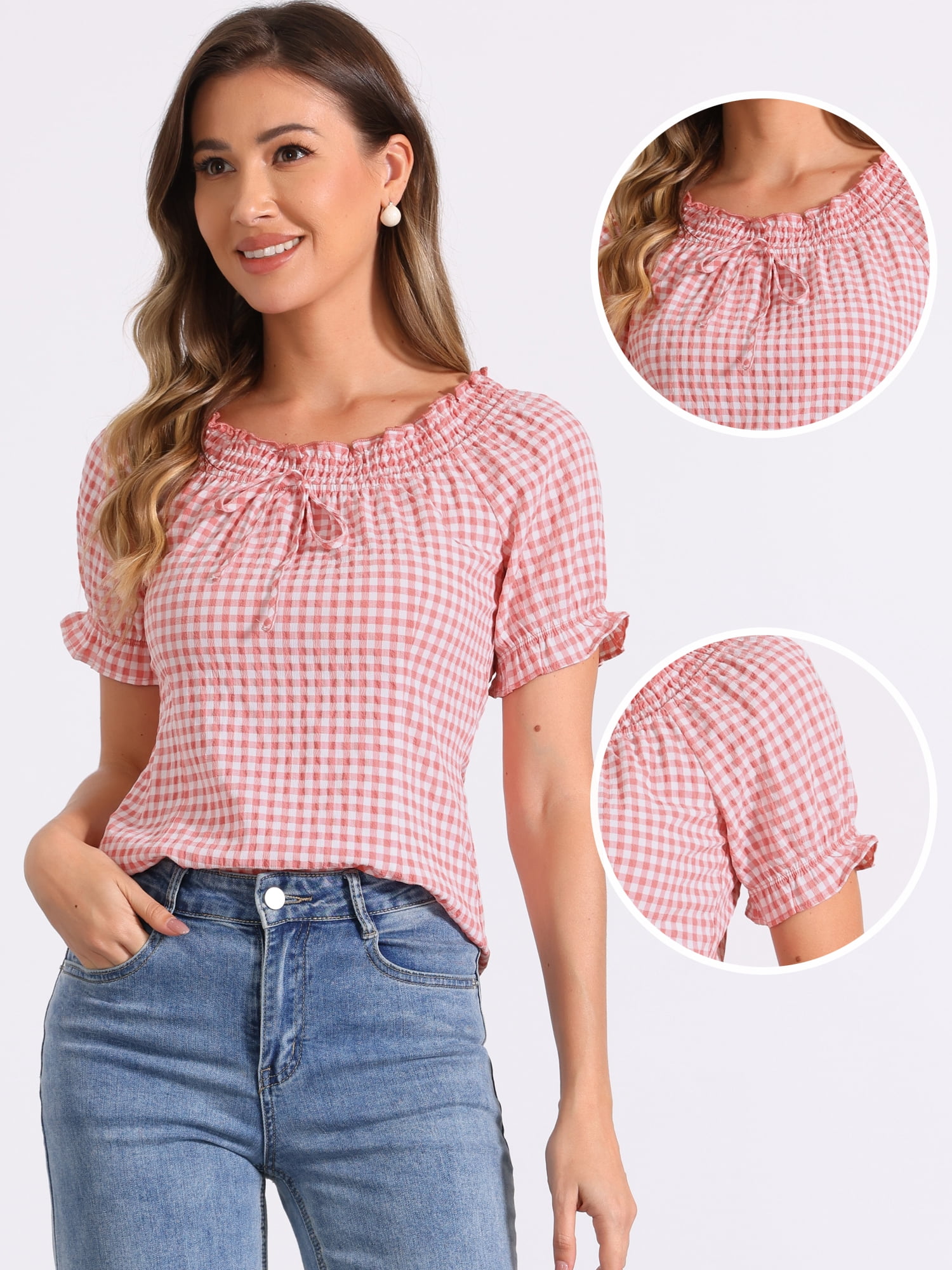 DARING DIVA Women's Gingham Plaid Peasant Round Neck Puff Sleeve Tops S Pink