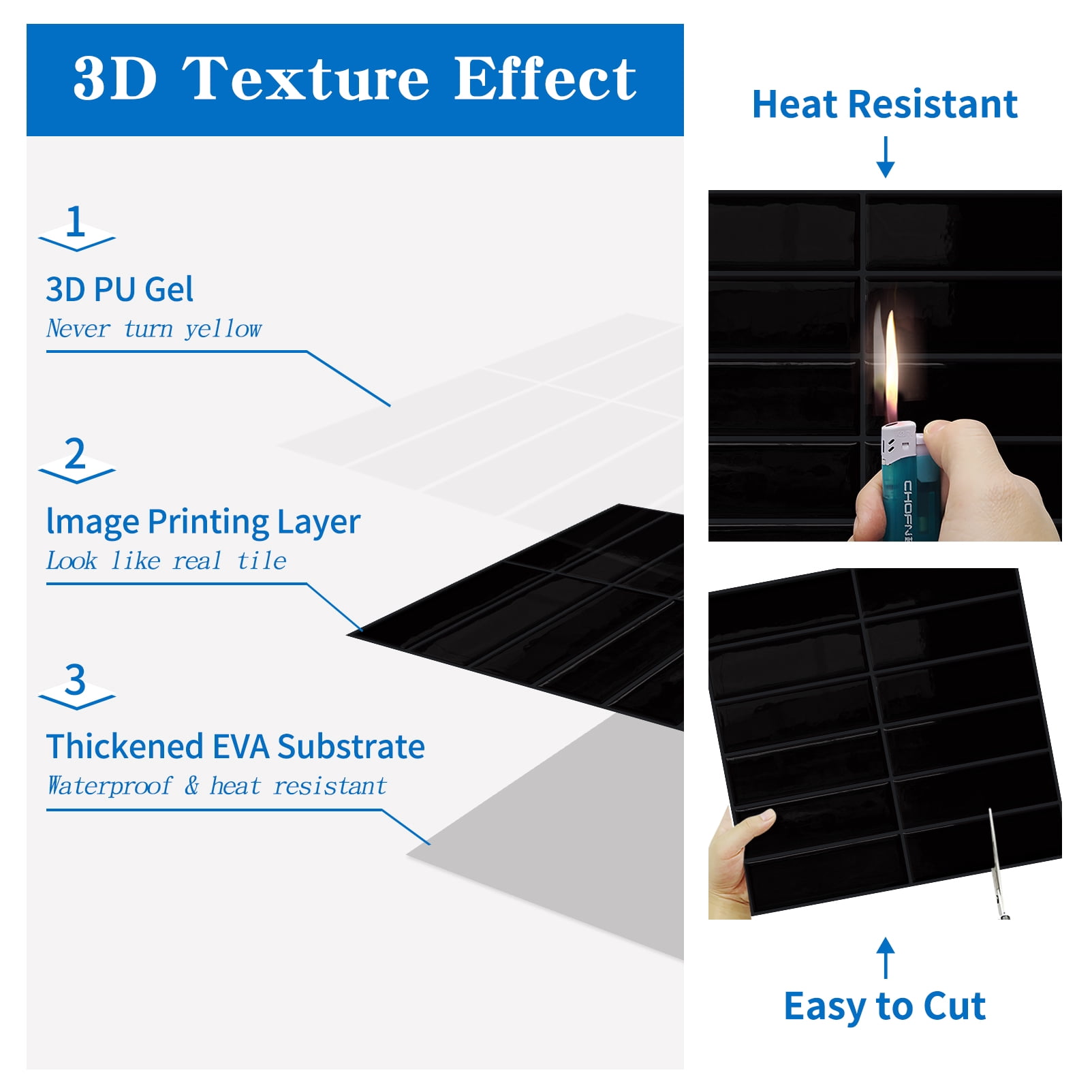 DEWOO Peel and Stick Backsplash - 10 Sheets of 12"×12" - 3D Adhesive Peel and Stick Tile Backsplash for Kitchen, Bathroom, Wall Tile, Black