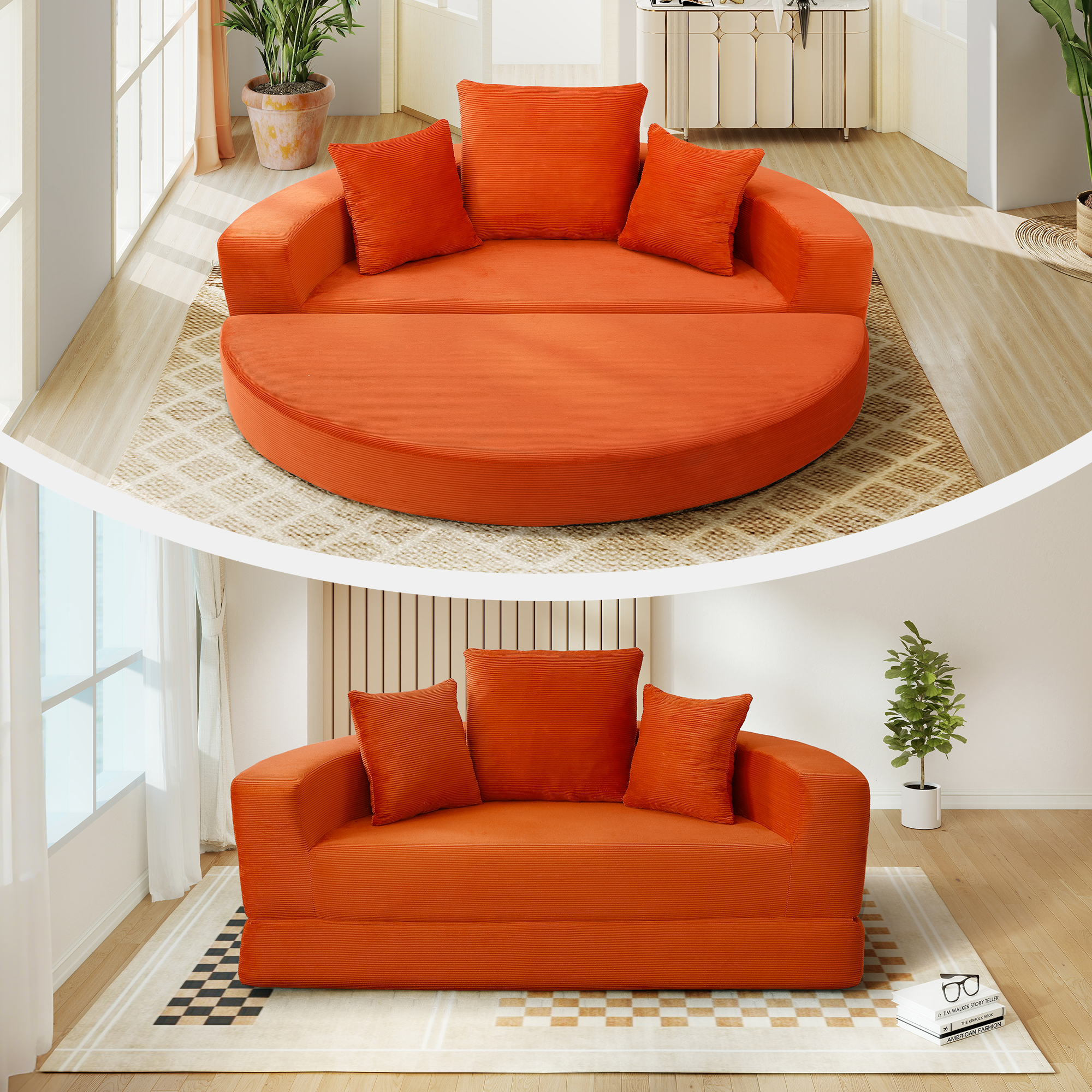Aukfa 67" Round Convertible Folding Sofa Bed, Corduroy Futon Sleeper Couch with Pillows for Small Spaces and Living Rooms, Orange